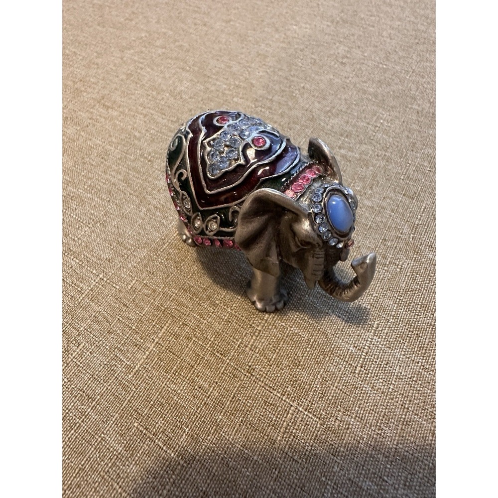 Vtg Elephant Trinket Box Gold Tone Enamel Rhinestone Jeweled Hinged Box
